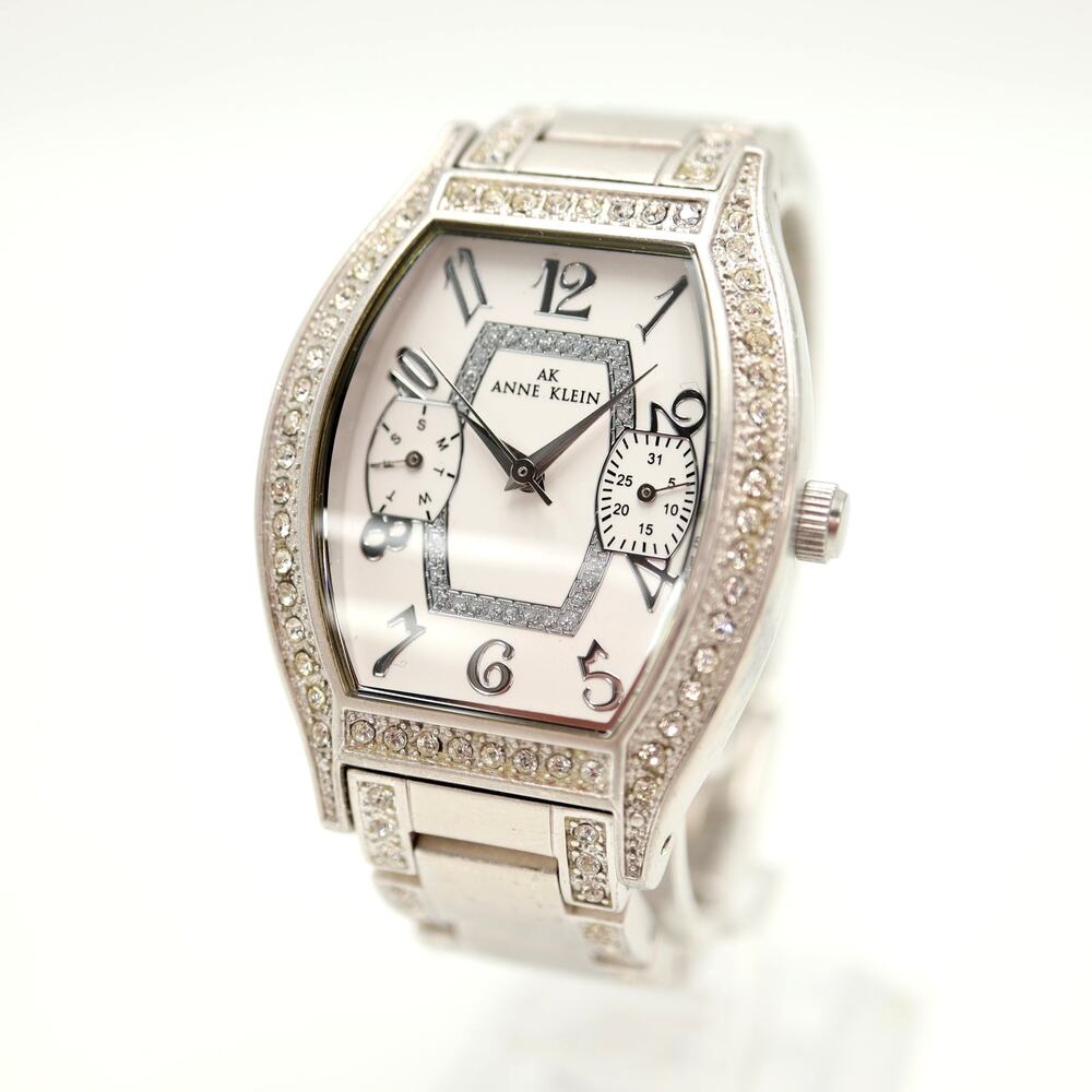 Anne Klein 31mm Barrel Silver Tone Womens Watch Day Date Bracelet w New Battery